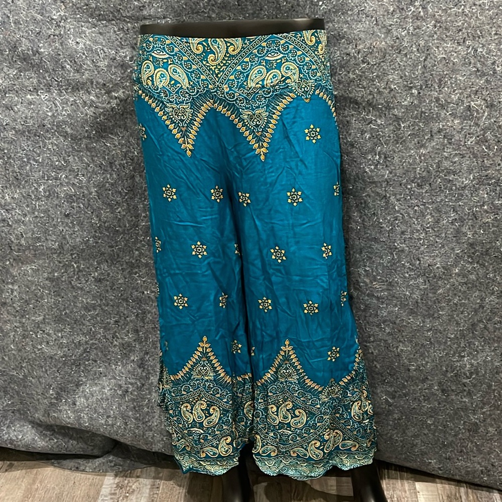 NEW WOMENS XL Light Blue Multi Color Hippie Pull On Stretch Waist Pants CUTE!